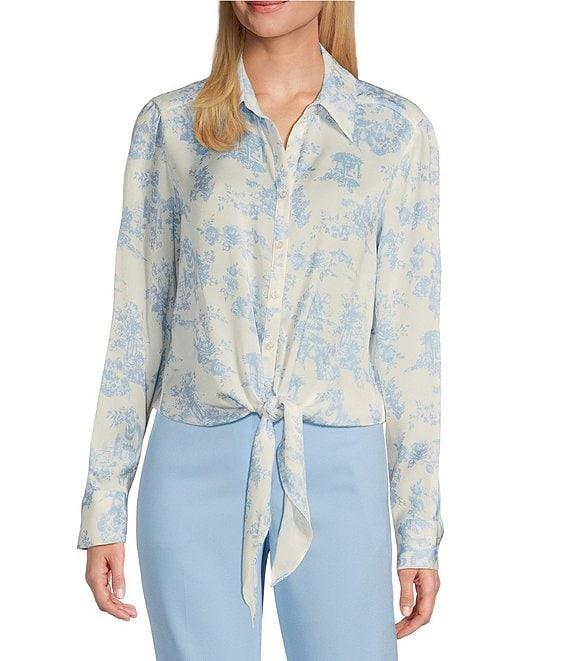 Preston & York Kinsley Satin Long Sleeve Button Tie Front Blouse Product Image
