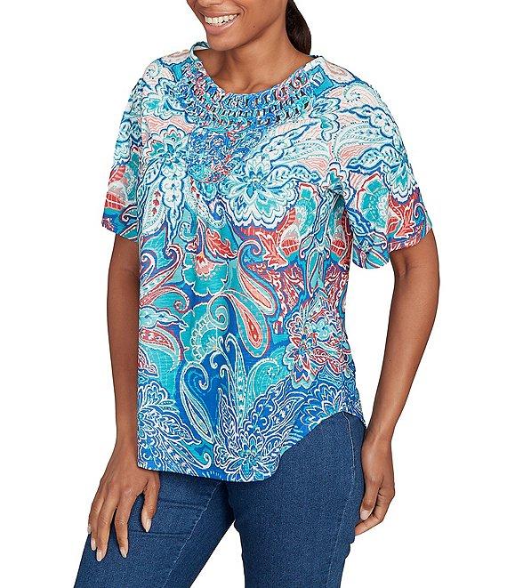 Ruby Rd. Slub Jersey Knit Paisley Border Print Scoop Neck Short Sleeve Tee Product Image