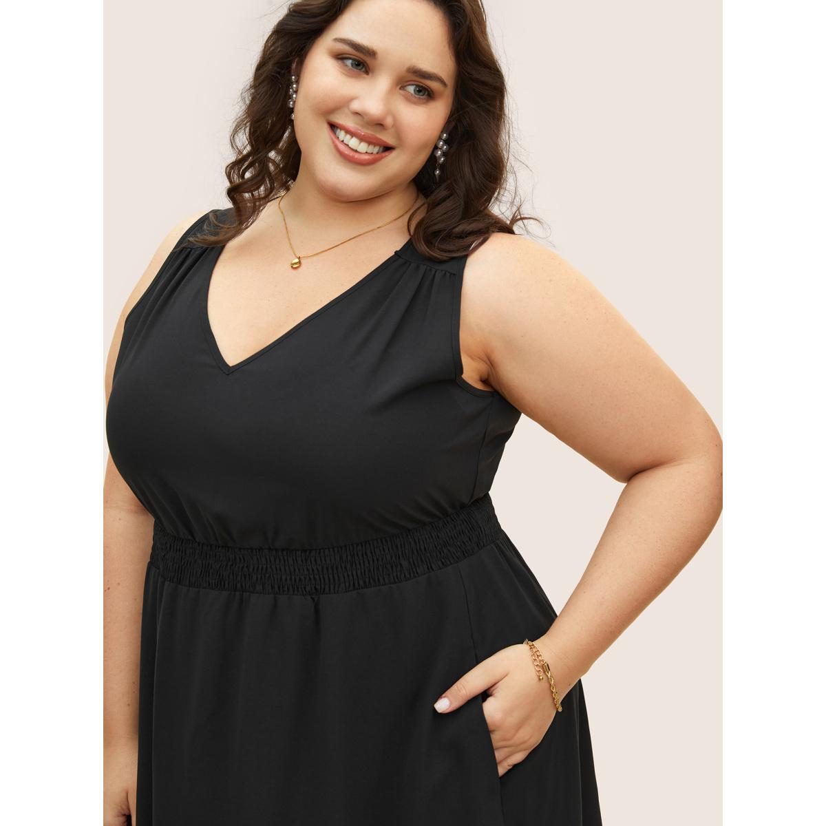 Plus Size Plain Patchwork Polka Dot Mesh Sleeveless Dress Black Women Elegant Woven ribbon&lace trim V-neck Sleeveless Curvy BloomChic 18-20/2X Product Image