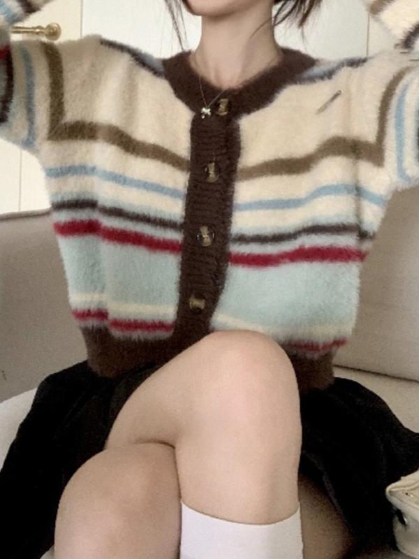 Colorful Striped Fuzzy Short Cardigan Product Image