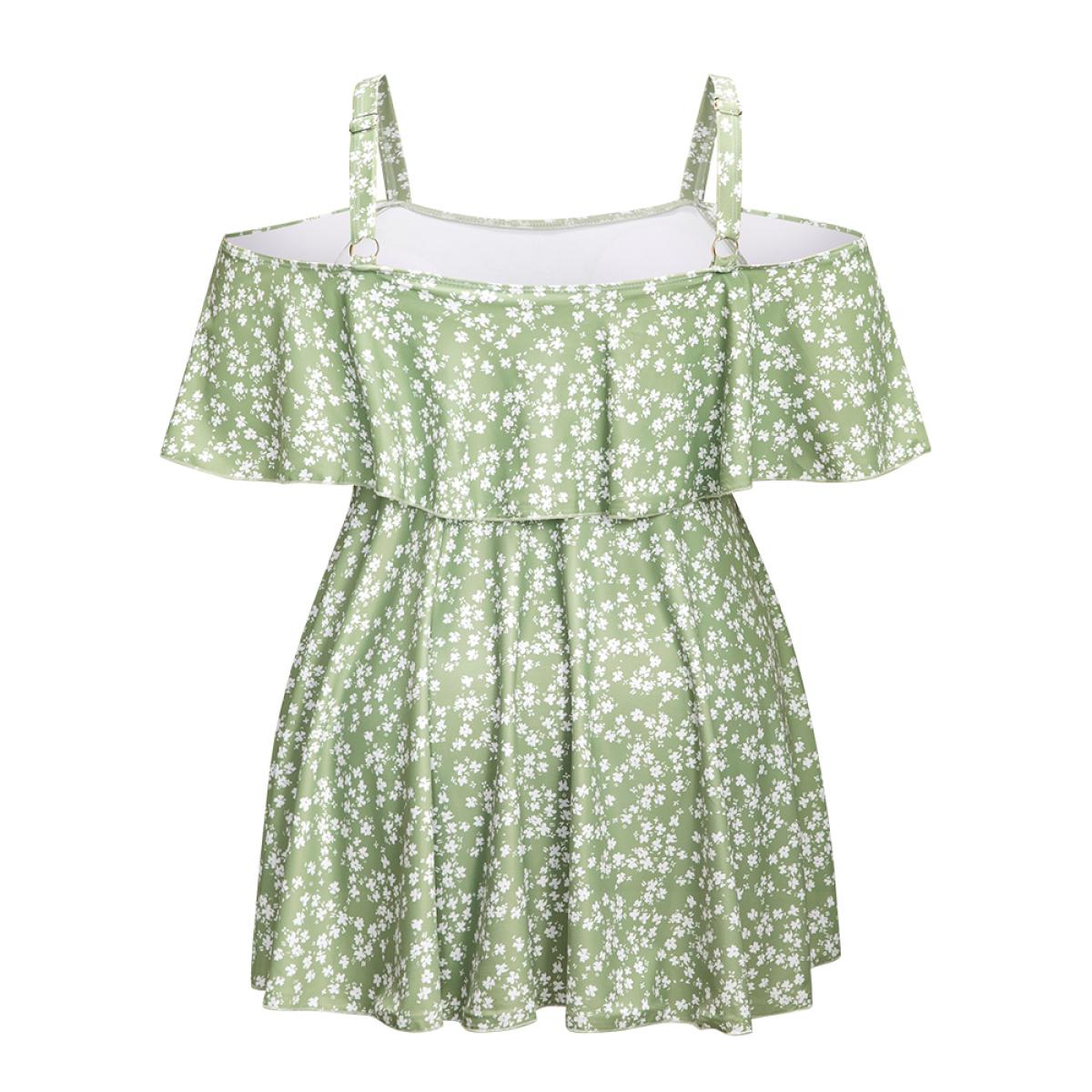 Plus Size Ditsy Floral Cold Shoulder Sculpt Waist Ruffles Swim Dress Women's Swimwear Mint Beach Bodycon One-shoulder neck High stretch Curve Swim Dresses BloomChic 28/5X Product Image