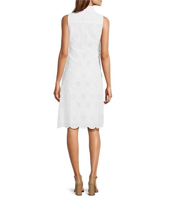 Trina Turk Rally Eyelet Point Collar Sleeveless Tie Front Scallop Dress Product Image