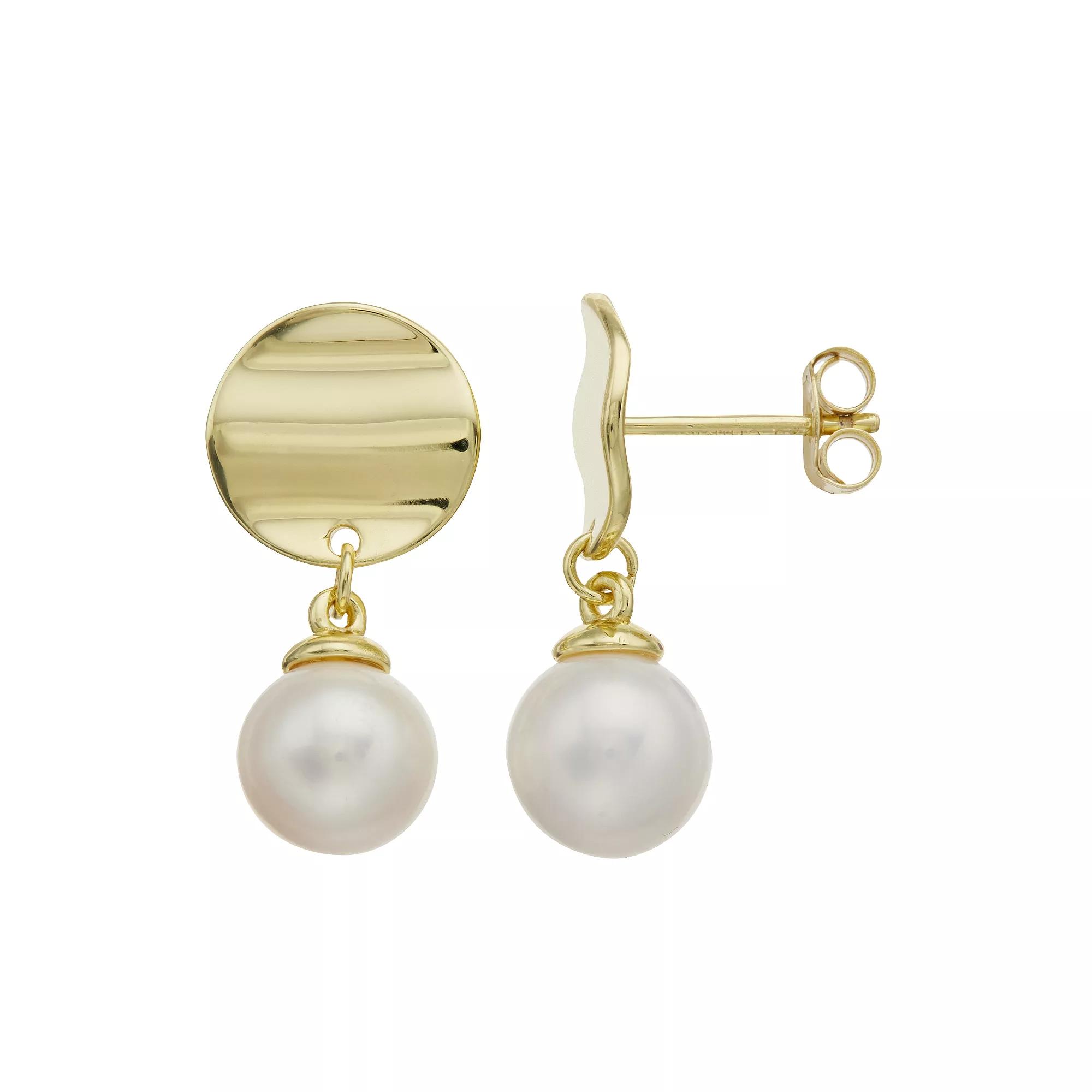 Sterling Silver 14k Yellow Gold-Plated Pearl Medallion Drop Earrings, Womens, Gold Tone Product Image