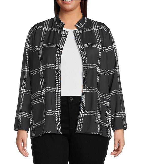 Ali Miles Plus Size Woven Abstract Multi Print Stand Collar 3/4 Sleeve Reversible Jacket Product Image