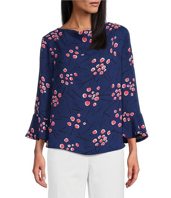 Investments Woven Dots and Dashes 3/4 Ruffle Sleeve Cowl Neck Top Product Image