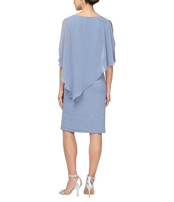 Ignite Evenings Short Sleeve Crew Neck Asymmetric Overlay Bodice Glitter Sheath Dress Product Image