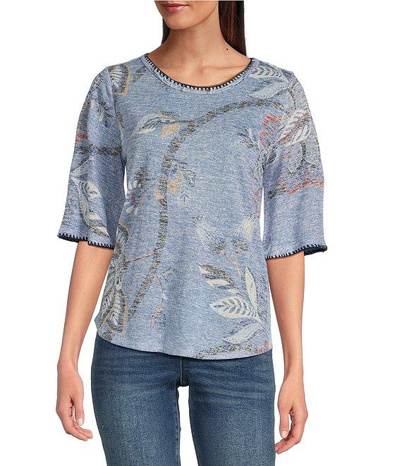 Bobeau Knit Paisley Print Crew Neck Elbow Sleeve Stitch Tee Product Image