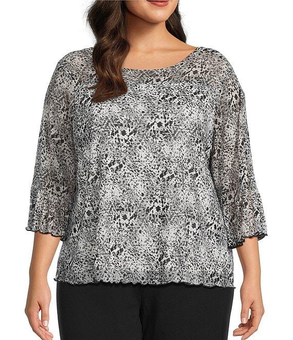 Intro Plus Size Soft Mesh Mini Animal Print 3/4 Romantic Sleeve Top Product Image