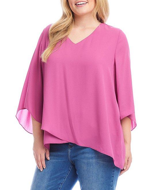 Karen Kane Plus Size Silky Crepe V-Neck 3/4 Flare Sleeve Asymmetric Crossover Hem Top Product Image