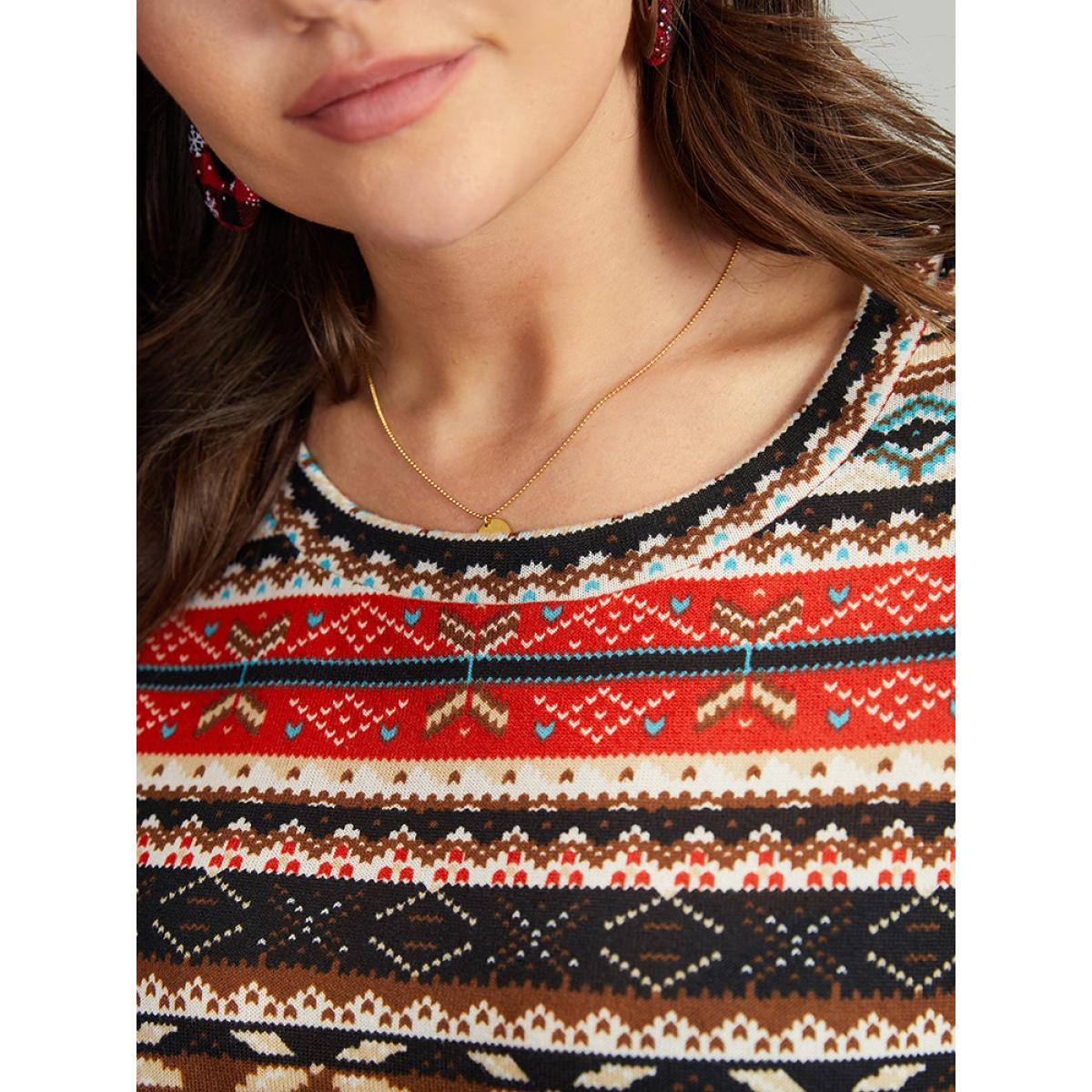 Plus Size Christmas Print Contrast Crew Neck T-shirt Multicolor Women Casual Contrast Graphic-Christmas Round Neck Festival-Christmas T-shirts BloomChic 10/M Product Image