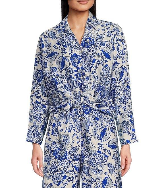 Calessa Petite Size Coordinating Antique Floral Point Collar Long Sleeve Tie-Front Blouse Product Image