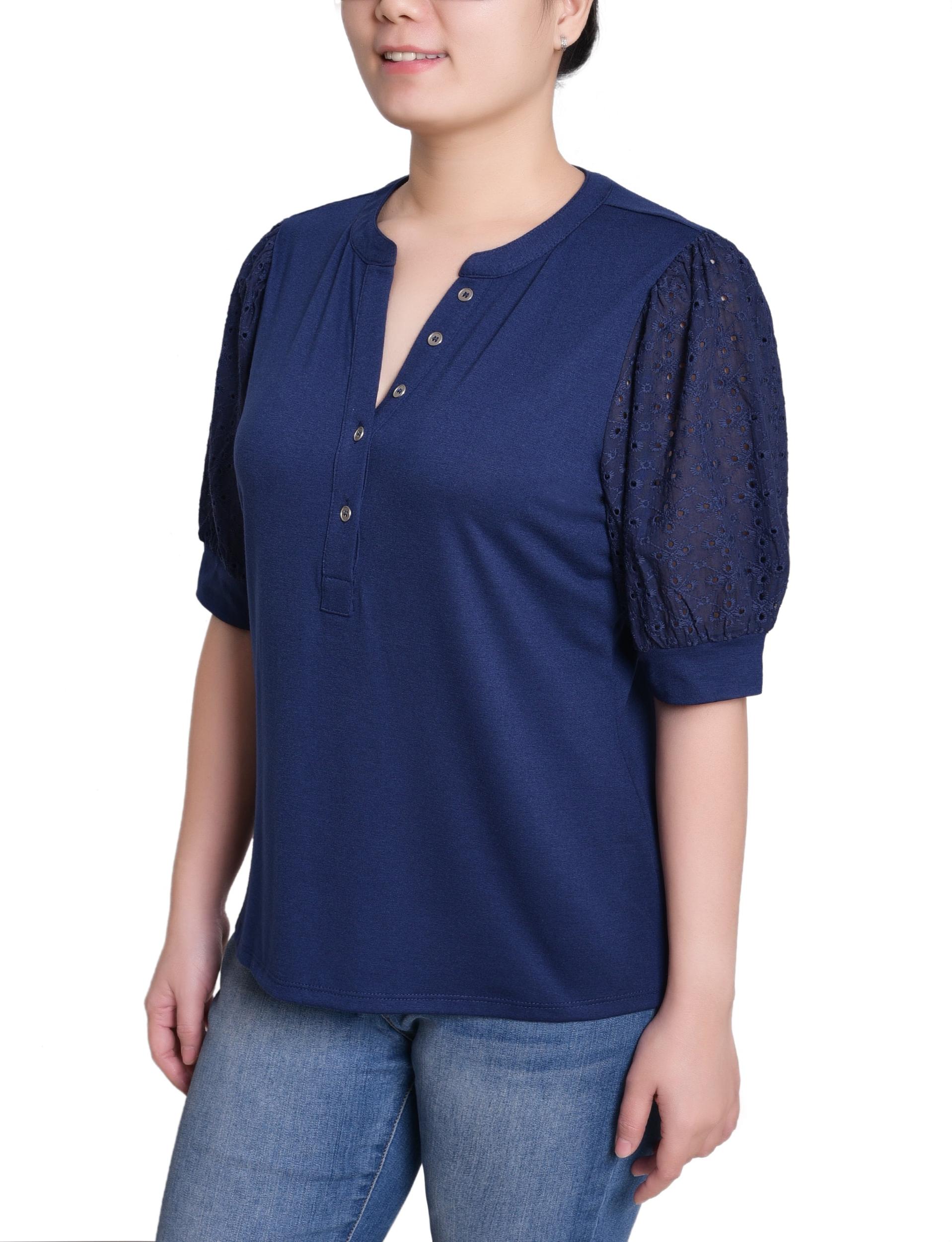 Navy Puff Elbow Sleeve Top Product Image