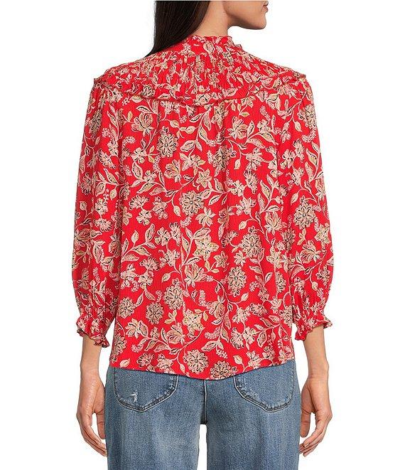 Democracy Woven Floral Split V-Neck 3/4 Blouson Sleeve Lace Inset Ruffle Trim Button-Front Top Product Image