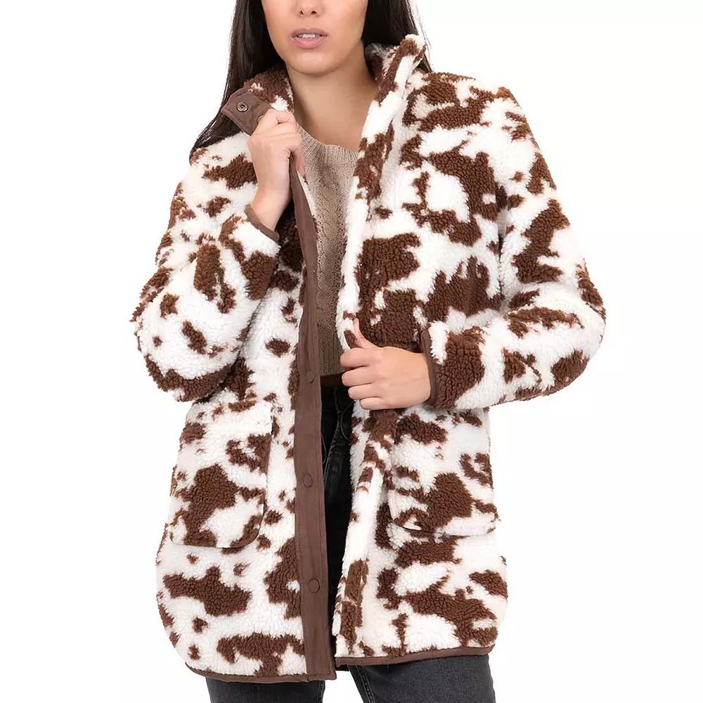Junior's Coffee Shop Faux Sherpa Anorak Coat, Women's, Size: Large, Ivory Brown Product Image