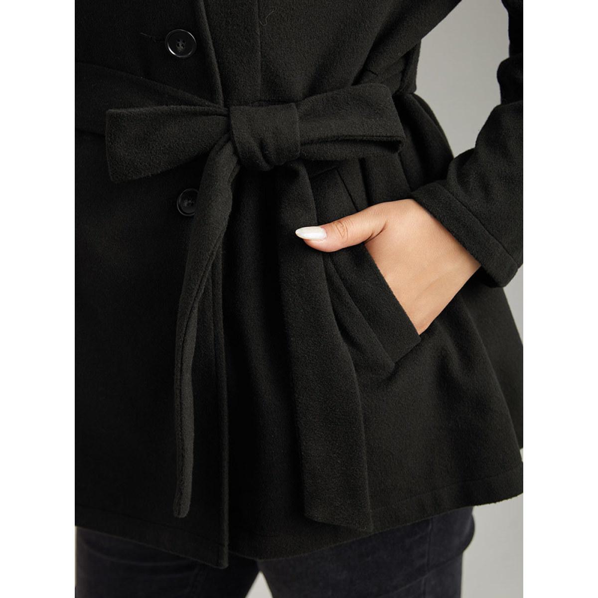 Plus Size Plain Belted Double Breasted Pocket Coat Women Black Casual Plain Ladies Dailywear Winter Coats BloomChic 26/4X Product Image