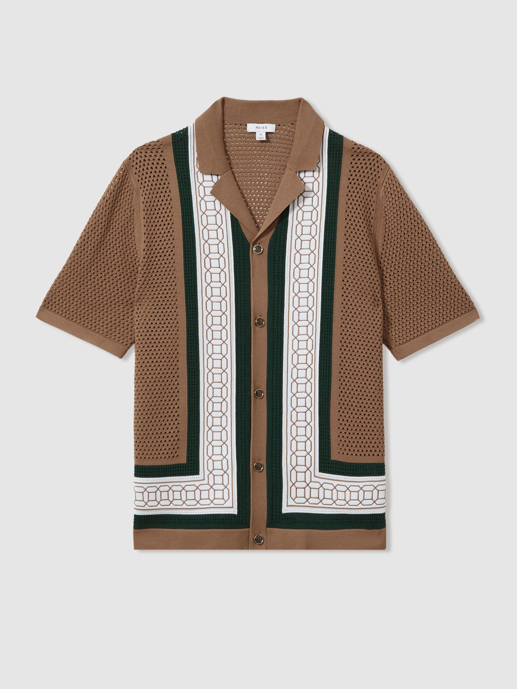 Embroidered Cuban Collar Shirt in Camel/Green Product Image