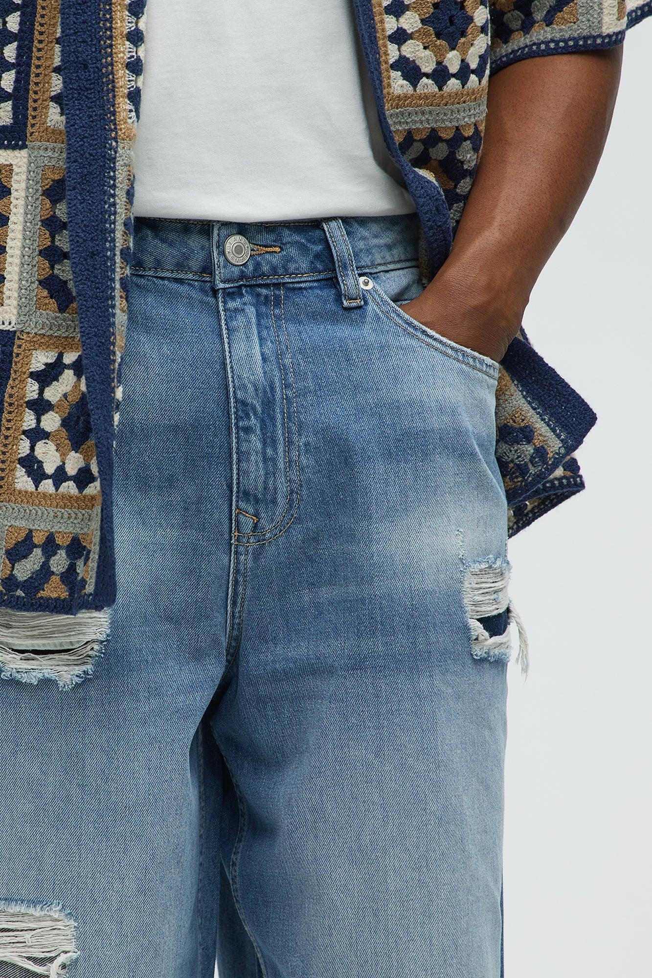 Say It Distressed Baggy Denim Shorts - Medium Blue Wash Male Product Image