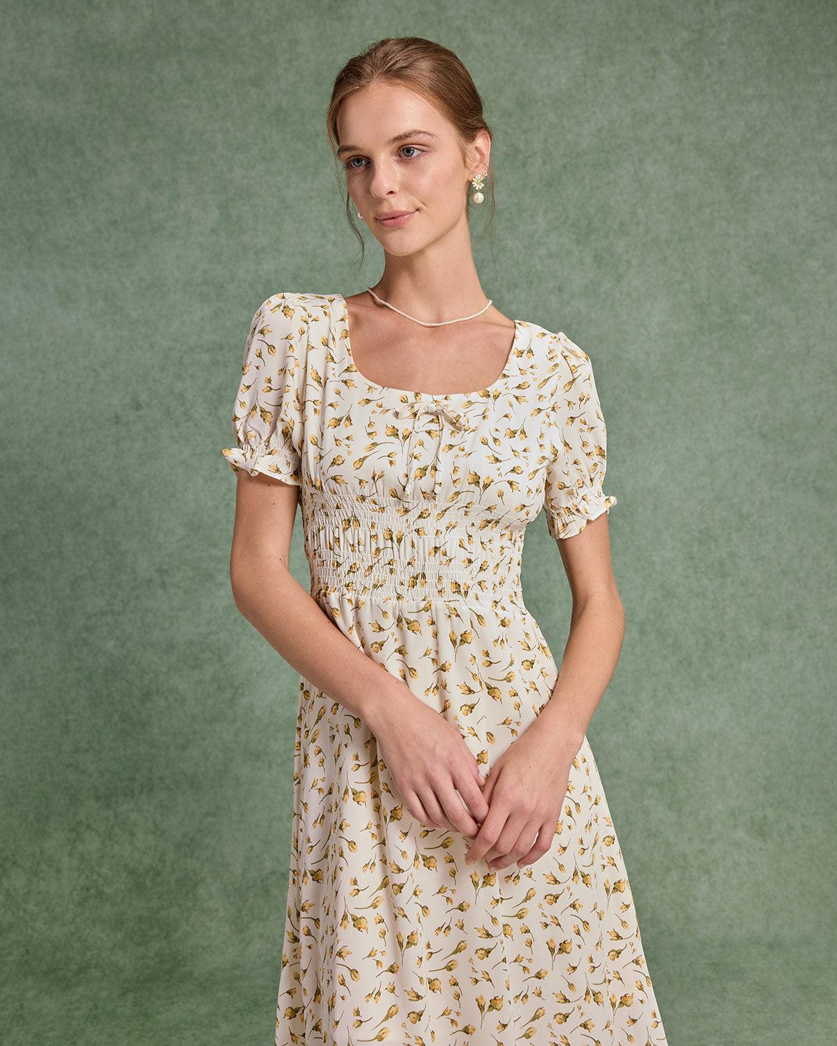 Yellow Floral Square Neck Shirred Midi Dress Product Image
