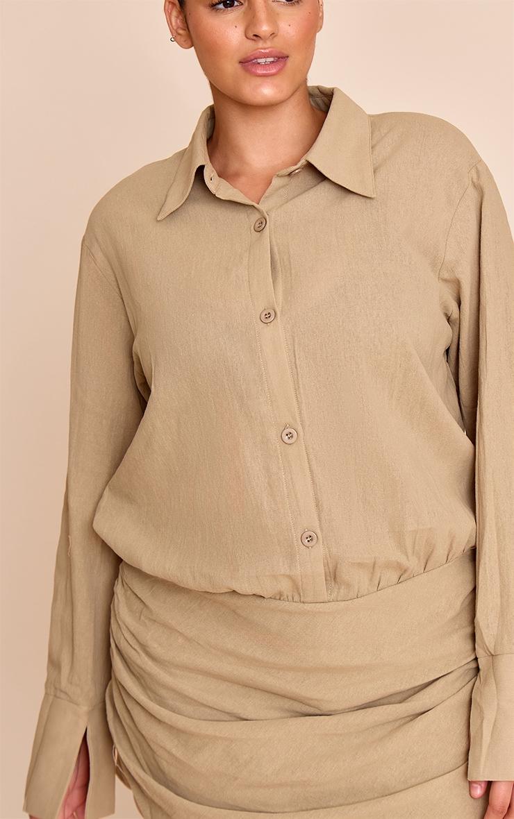 Plus Khaki Linen Look Shirt Style Long Sleeve Skort Romper Product Image