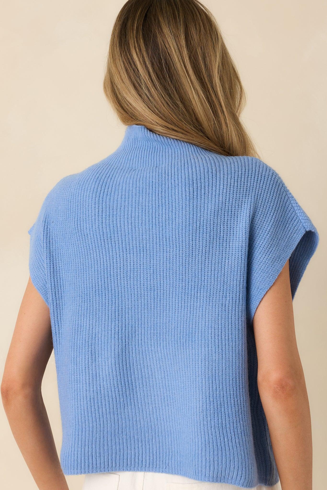 Cool Intentions Blue Ribbed Knit Mockneck Cap Sleeve Sweater Product Image