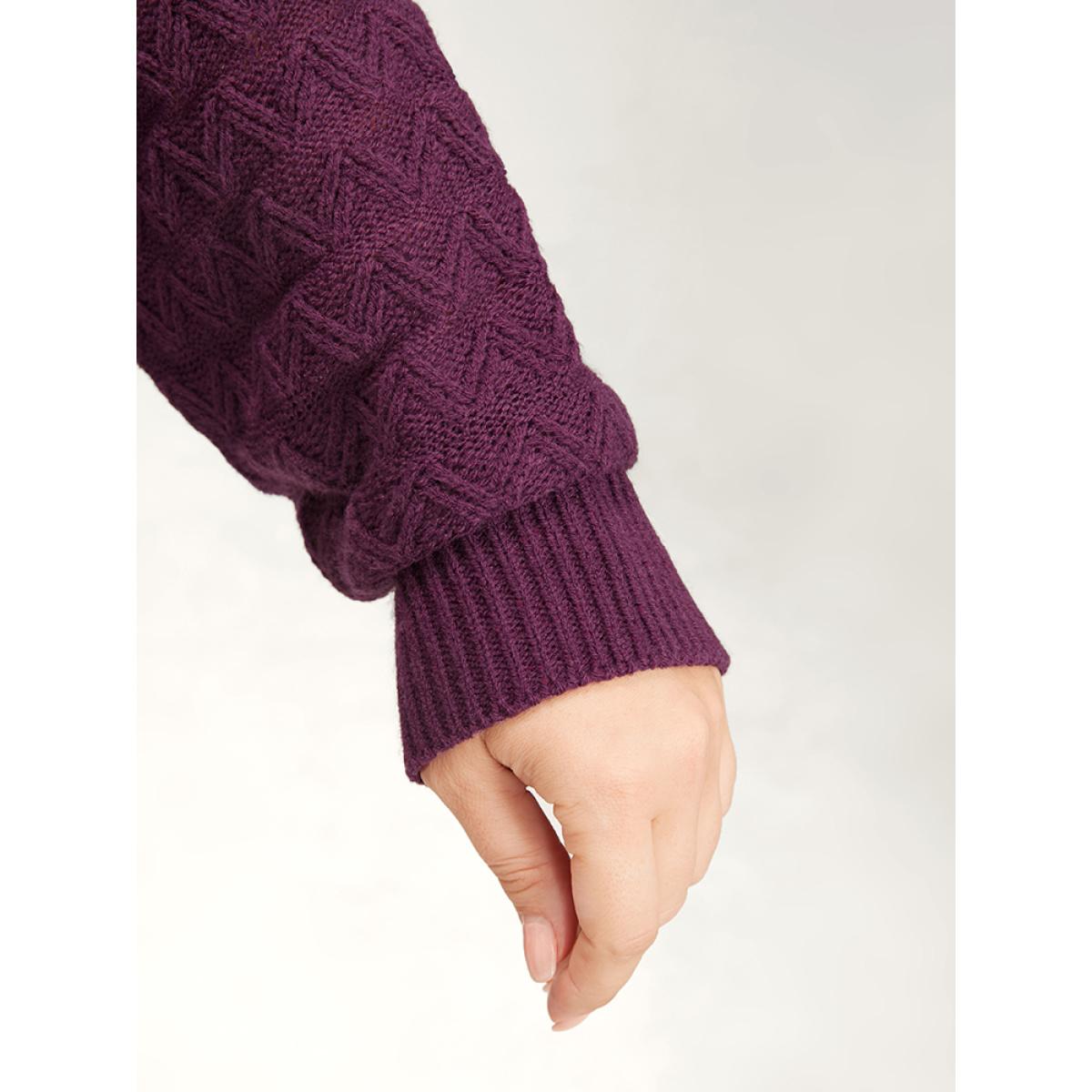 Plus Size Solid Geometric Pointelle Knit Round Neck Knit Top Eggplant Women Elegant Loose Long Sleeve Dailywear Pullovers BloomChic 30/6X Product Image