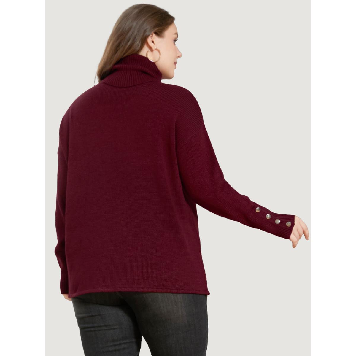 Plus Size Solid Pointelle Knit Button Detail Funnel Neck Knit Top Scarlet Women Casual Loose Long Sleeve Turtleneck Dailywear Pullovers BloomChic 12/L Product Image