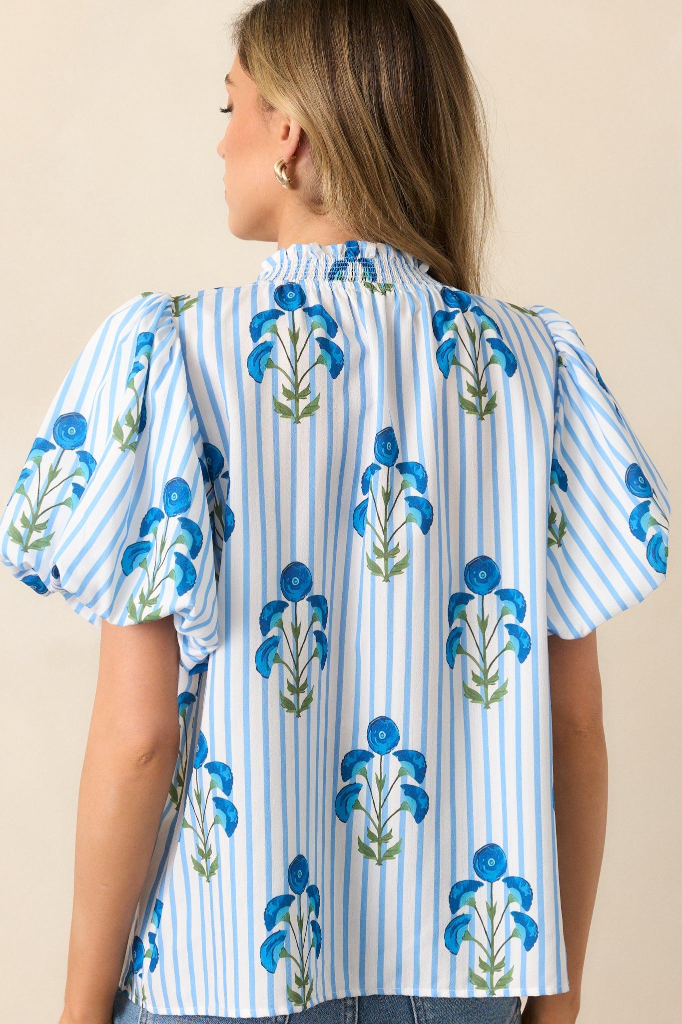 Poppy Fields Blue Button Front Puff Sleeve Top Product Image