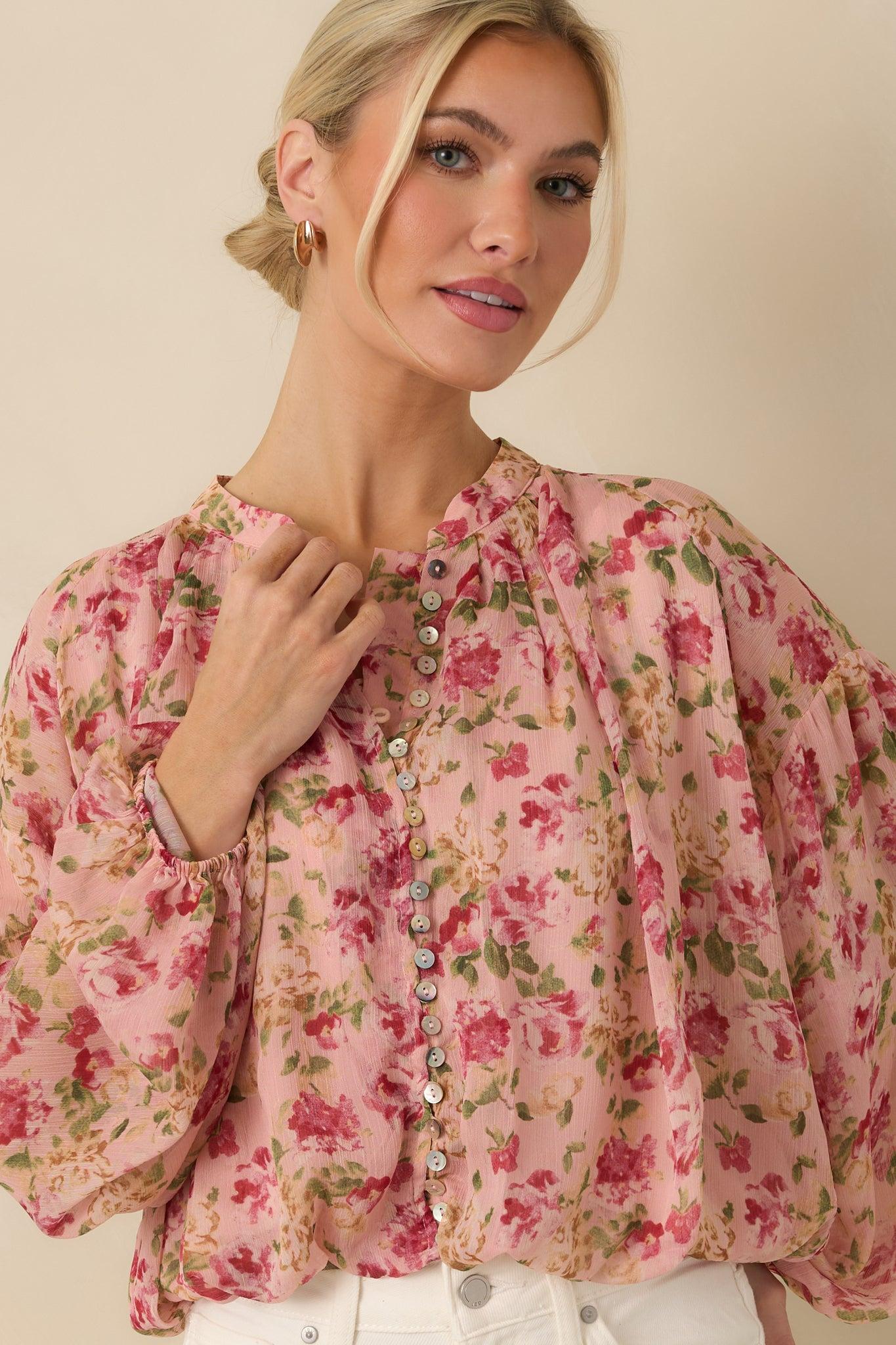 Where Roses Drift Blush Pink Multi Floral Sheer Blouse L / Blush Product Image