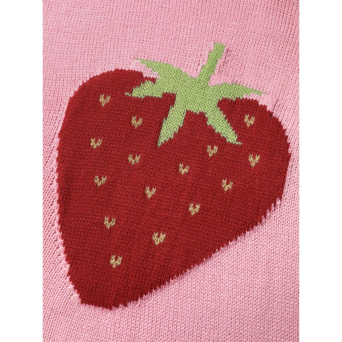 Plus Size Strawberry Motif Contrast Pullover Crepe Women Playful Loose Long Sleeve Round Neck Casual Pullovers BloomChic 14-16/1X Product Image