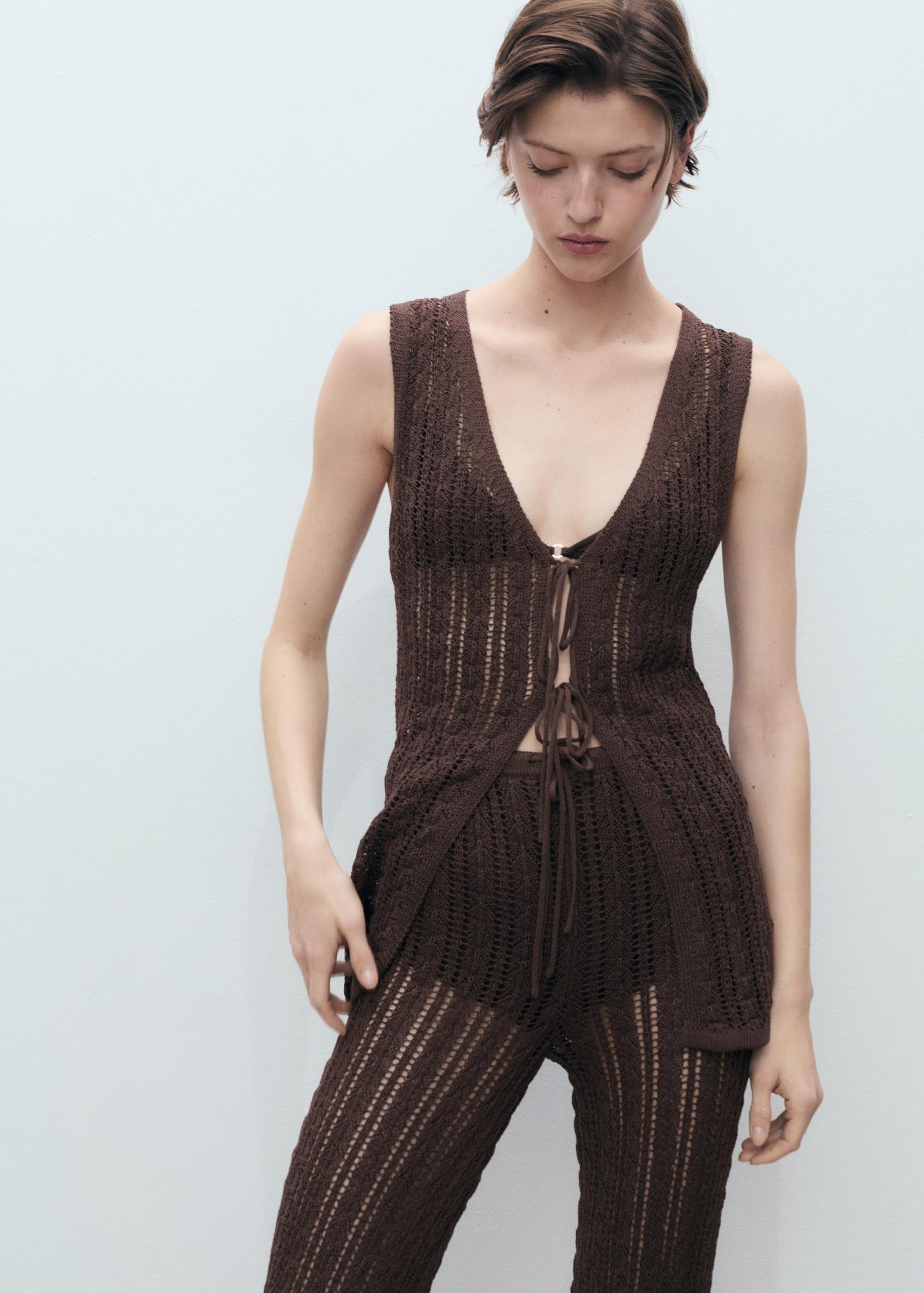 Straight-fit openwork knitted pants - Women | MANGO USA Product Image