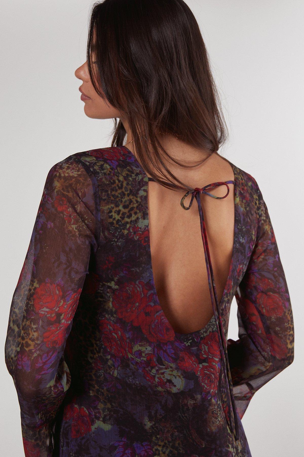 Floral Animal Chiffon Fluted Sleeve Tunic Dress Product Image