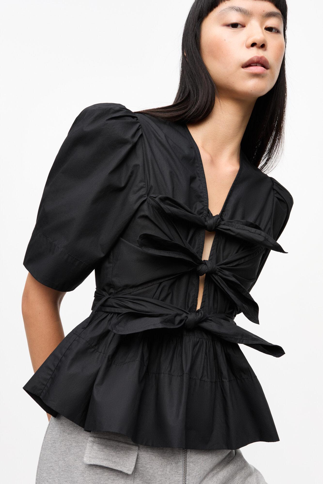 Black Stretch Cotton Tie Strap Blouse Product Image
