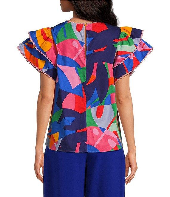 Sugarlips Tropical Abstract Floral Print Pin Tuck Lace Trim Top Product Image