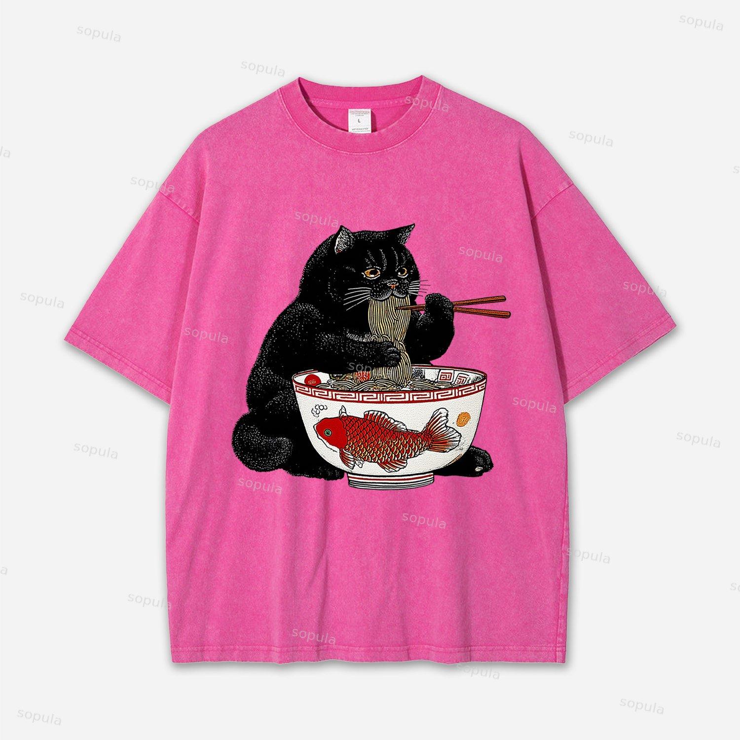 Fat Cat Eating Ramen Acid Washed T-shirt Product Image