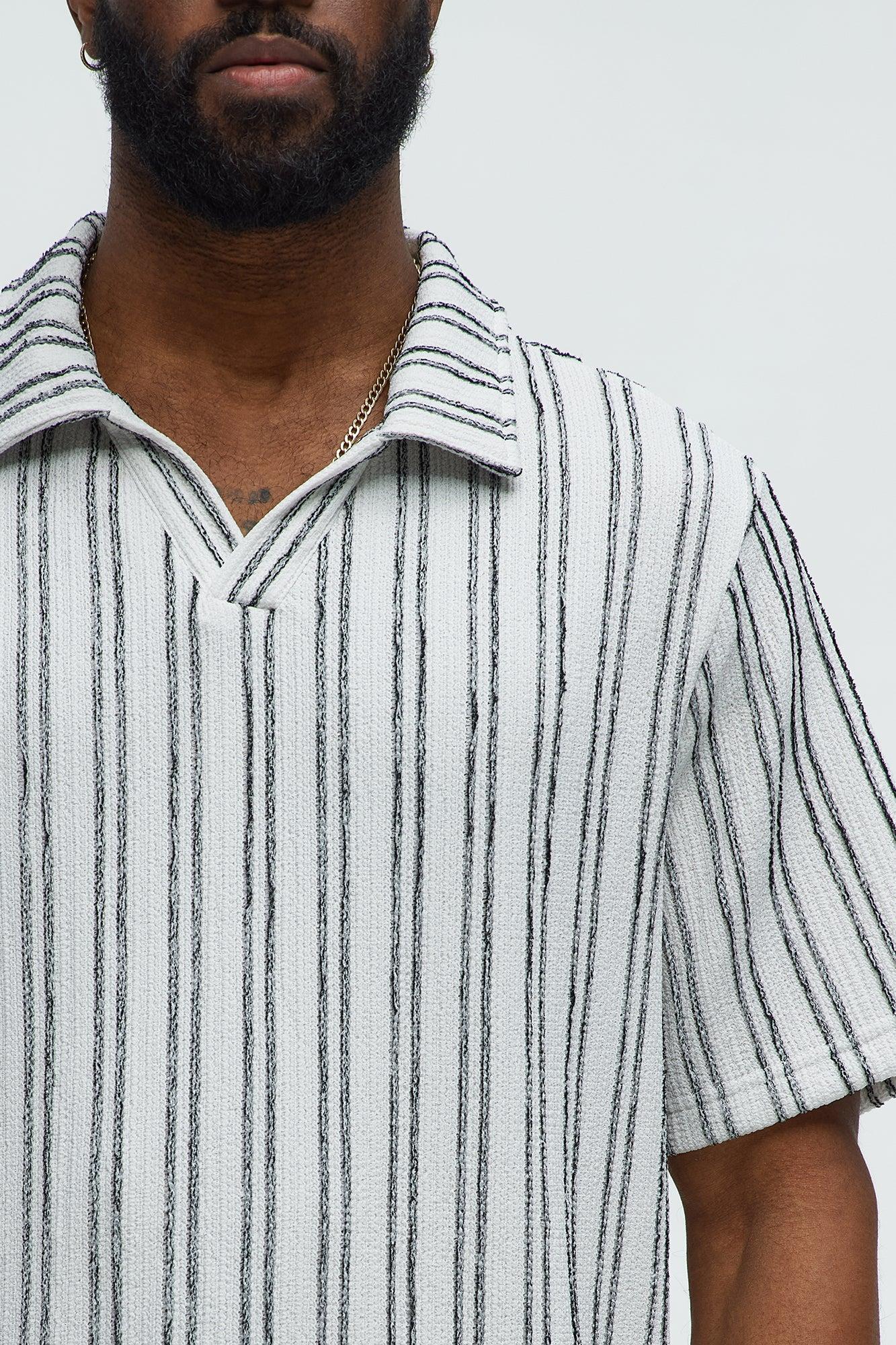 Glenley Texture Stripe Knit Johnny Collar Shirt - Grey/combo Product Image