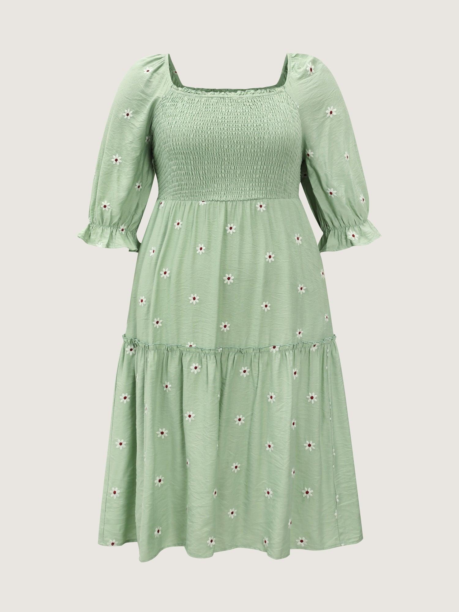 Shirred Embroidered Square Neckline Tiered Midi Dress Female Product Image