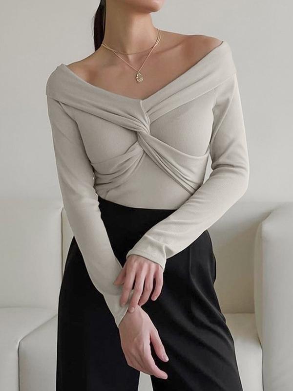 Off Shoulder Crossover Twist Front Long Sleeve Knit Product Image