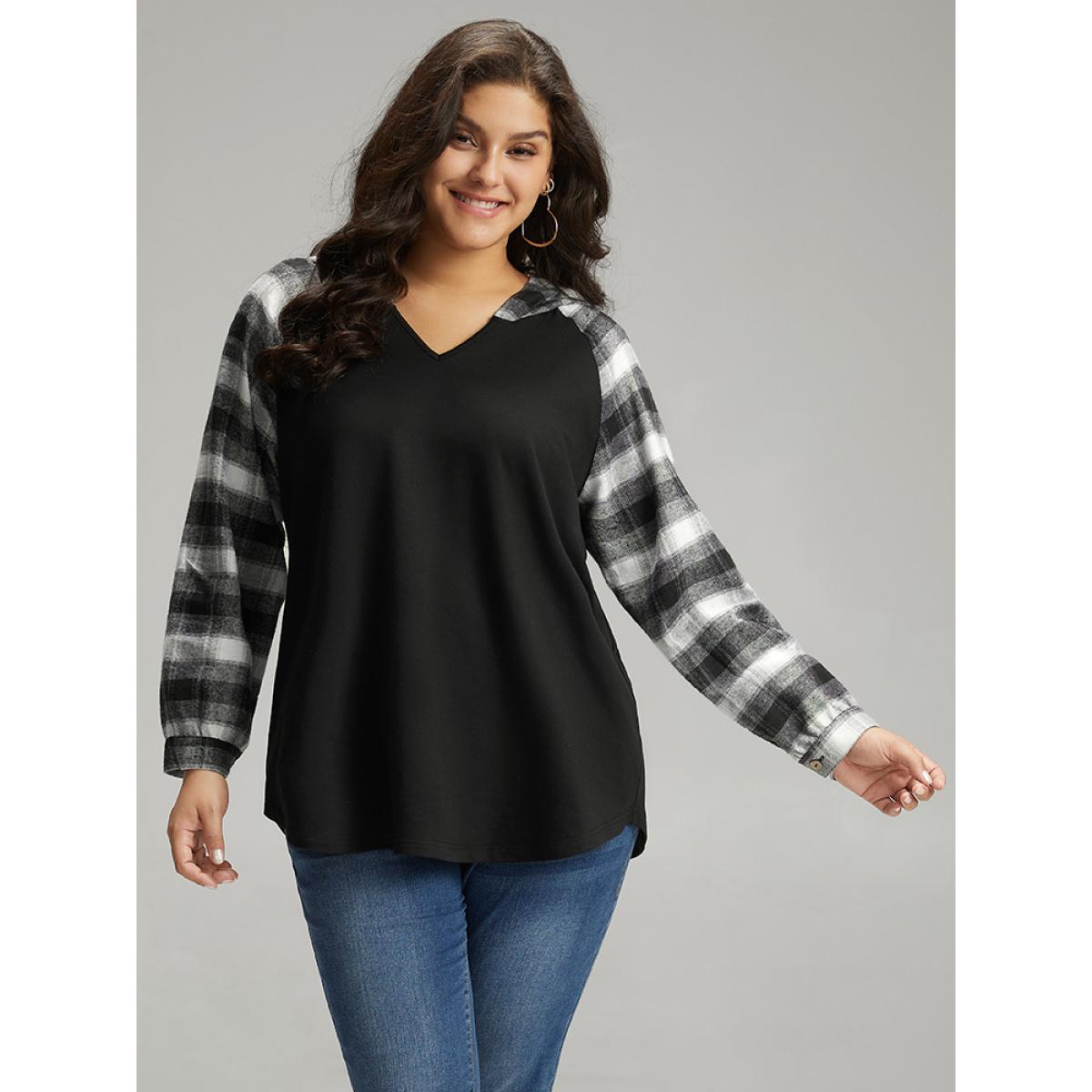 Plus Size Plaid Print Hooded Patchwork Sweatshirt Women Black Casual Patchwork Hooded Everyday Sweatshirts BloomChic 28/5X Product Image