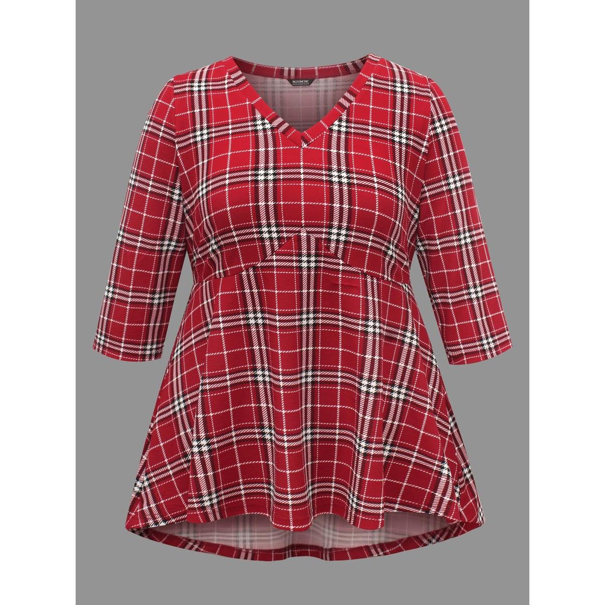Plus Size Plaid Quarter-Sleeve Elastic Waist Tee Brightred Women Elegant Non V-neck Bodycon Everyday T-shirts BloomChic 22-24/3X Product Image