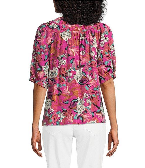 Nurture Petite Size Smocked Yoke Short Sleeve V-Neck Button Down Top Product Image