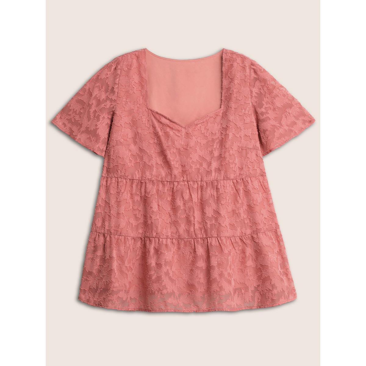 Plus Size DustyPink Chiffon Plisse Tiered Hem Ruffle Sleeve Blouse Women Elegant Short sleeve Square Neck Everyday Blouses BloomChic 10/M Product Image