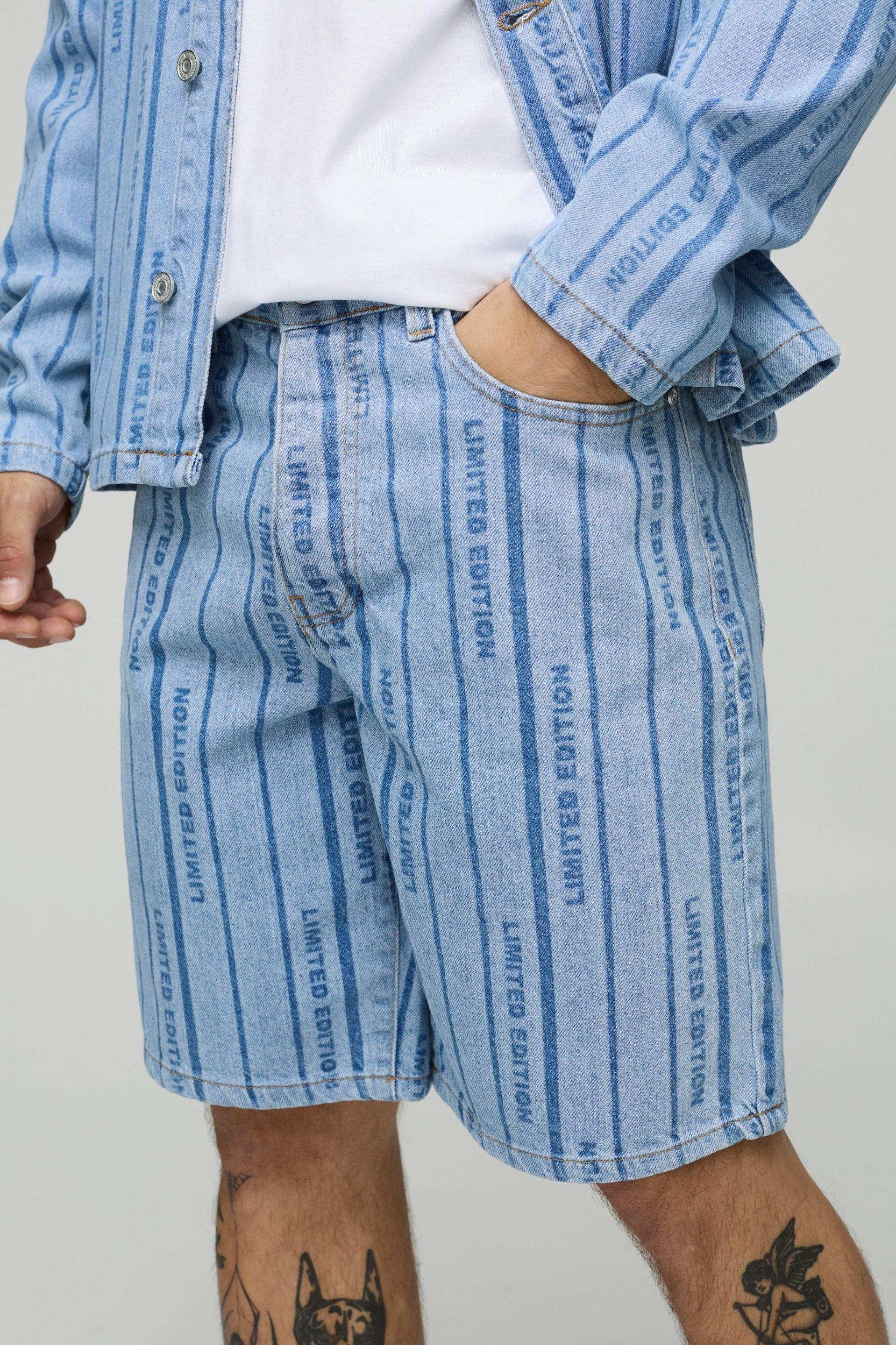 Relaxed Laser Print Striped Jean Shorts | boohooMAN USA Product Image