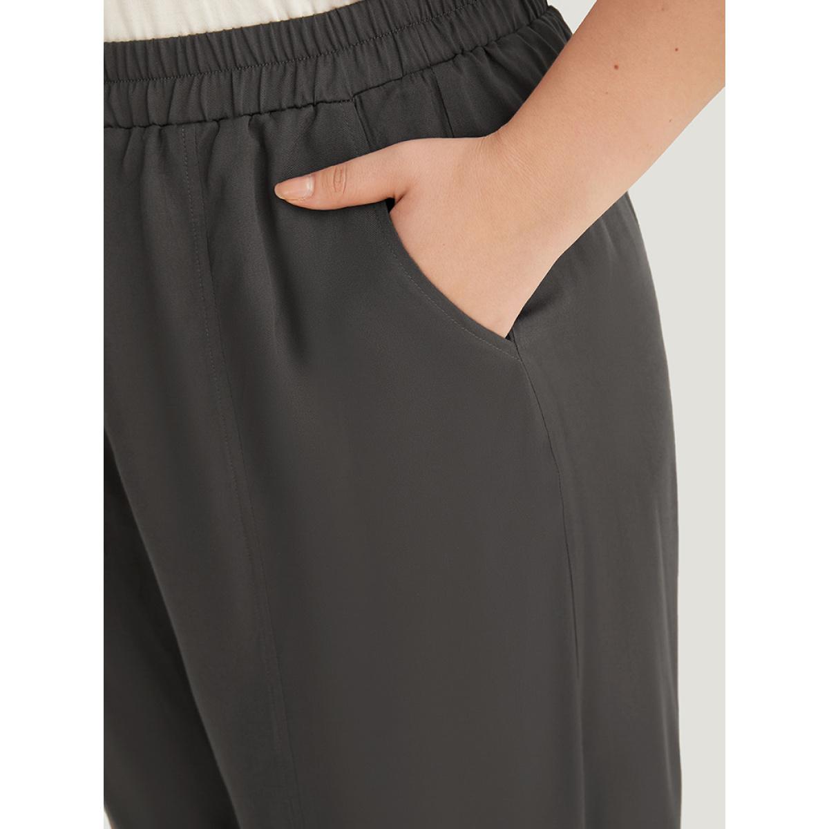 Plus Size Plain Elastic Waist Ties Pocket Pants Women DarkBrown Casual Straight Leg High Rise Dailywear Pants BloomChic 28/5X Product Image