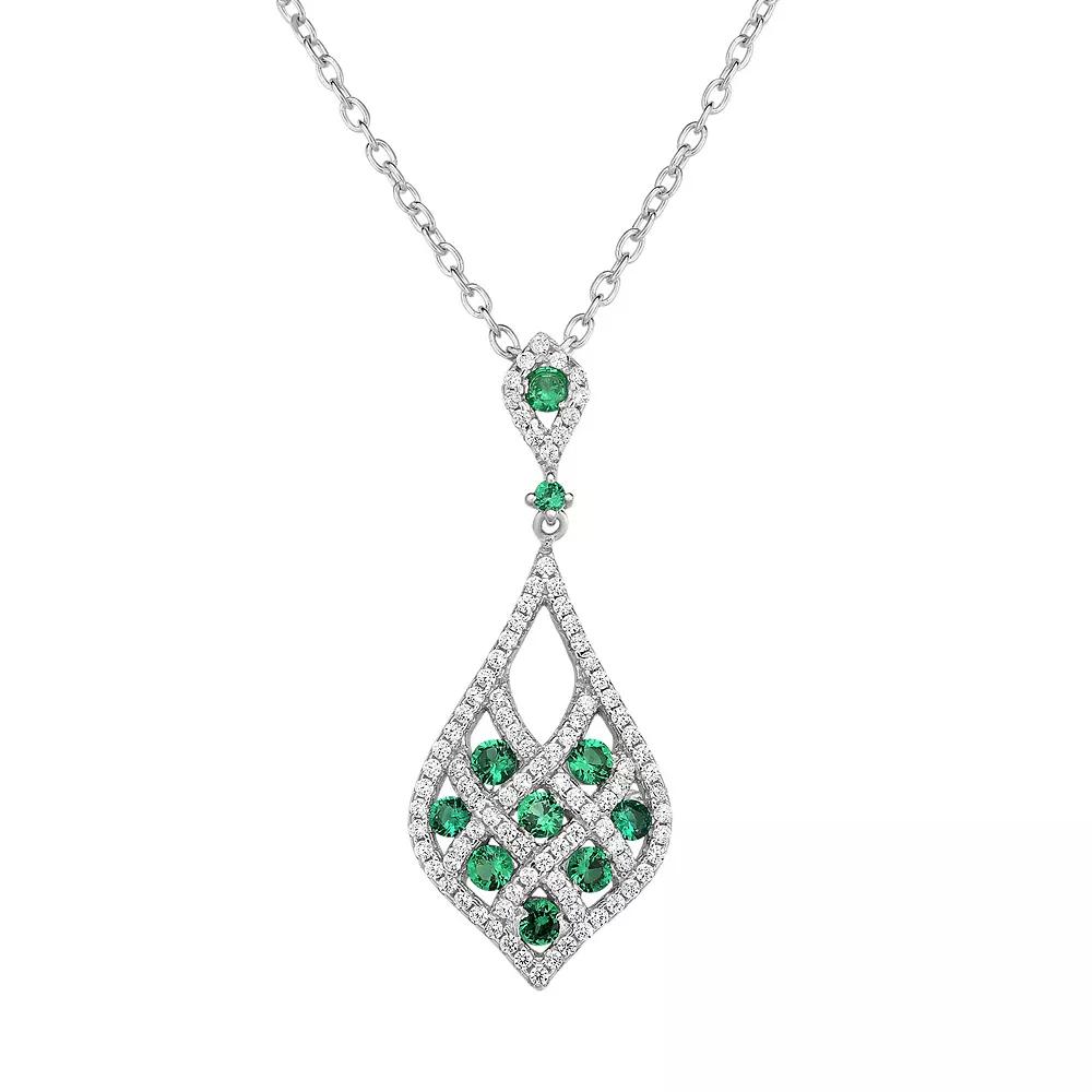 Lab-Created Green Spinel & Cubic Zirconia Sterling Silver Openwork Teardrop Pendant Necklace, Women's, Size: 18" Product Image