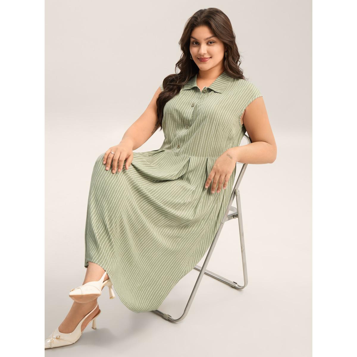 Plus Size Stripe Print Button Detail Collar Midi Dress Sage Women Shirt collar Cap Sleeve Curvy BloomChic 22-24/3X Product Image