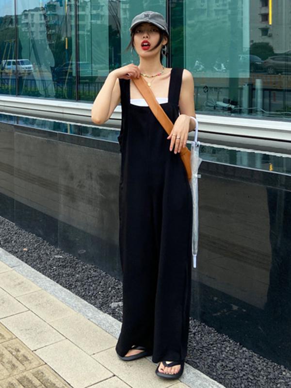 Original Creation Sleeveless Loose Solid Color Square-Neck Overalls Product Image