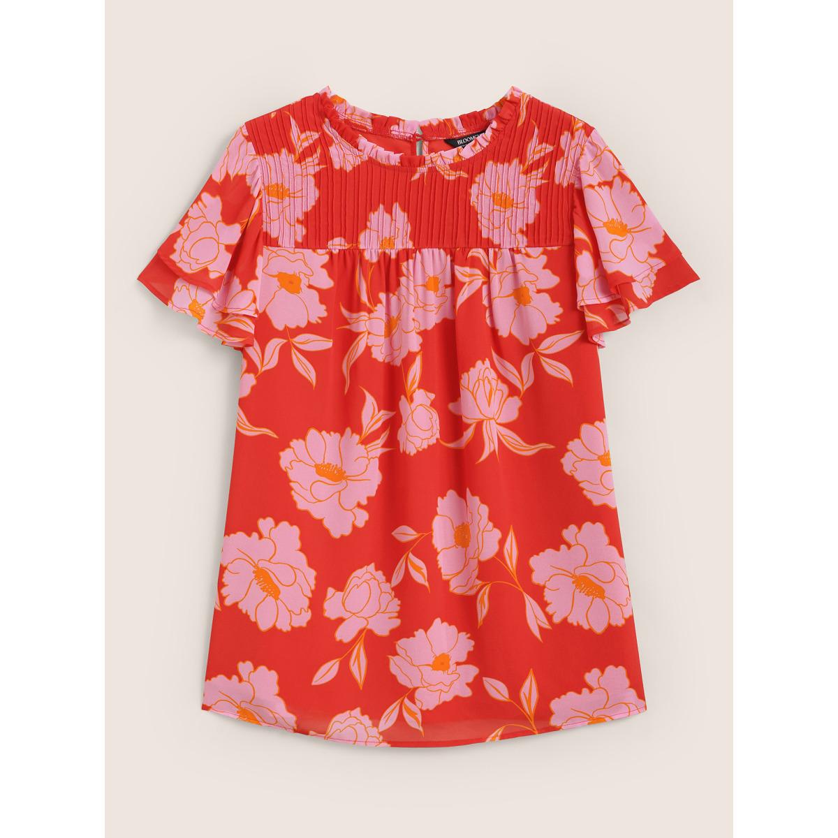 Plus Size Brightred Floral Stand Collar Pleated Tiered Ruffles Blouse Women Elegant Short sleeve Stand-up collar Everyday Blouses BloomChic 12/L Product Image