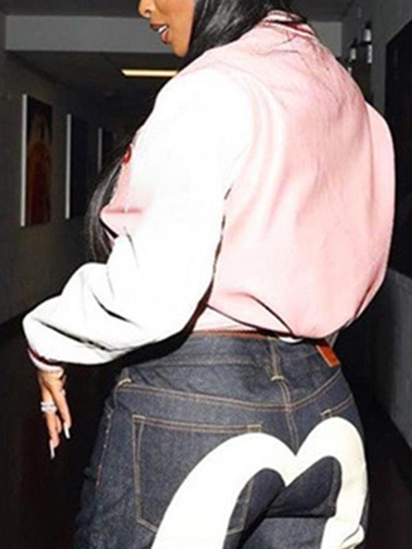 Letter Print Splice Short Leather Varsity Jacket Product Image