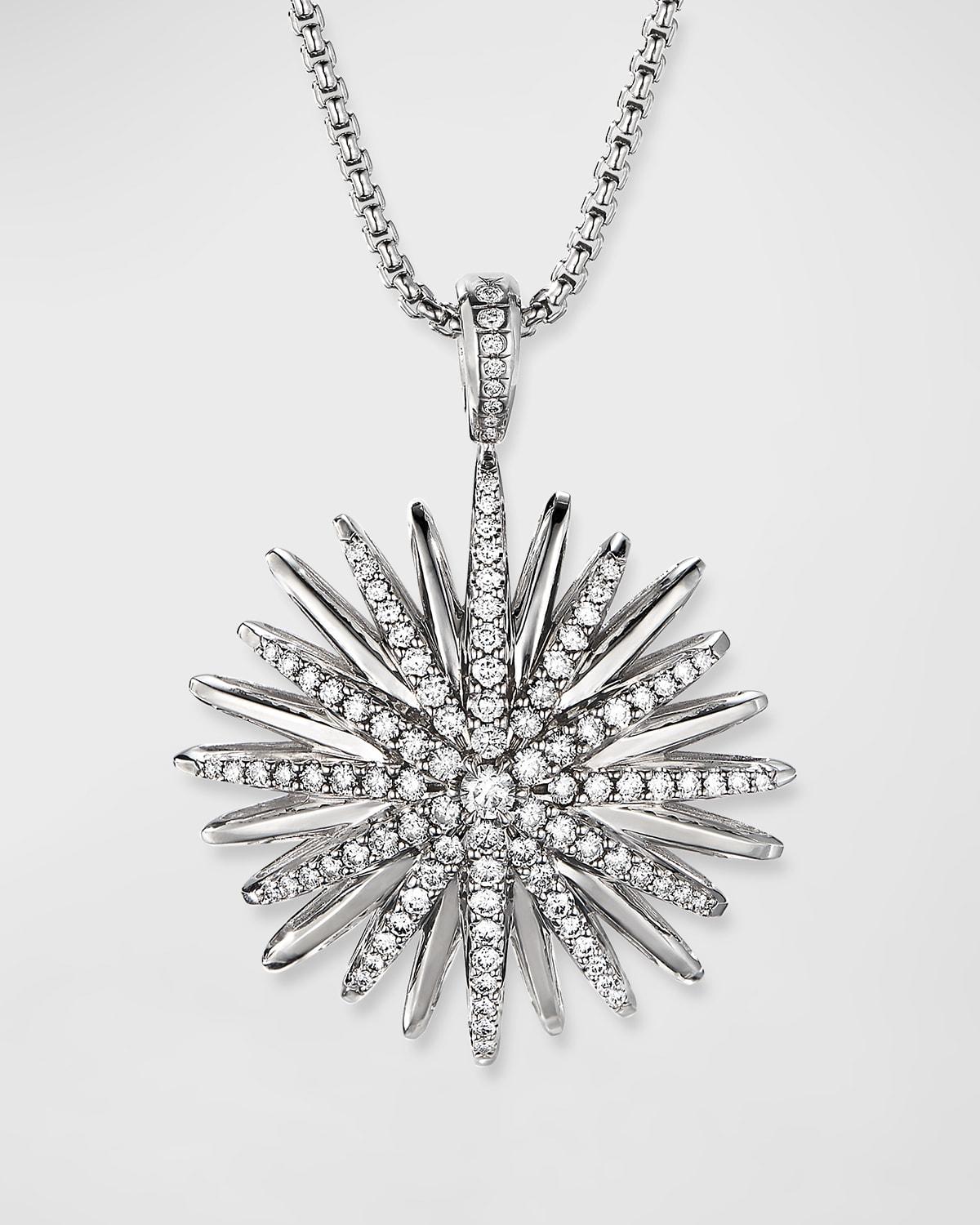 Womens Starburst Pendant Necklace in Sterling Silver with Diamonds, 32mm Product Image