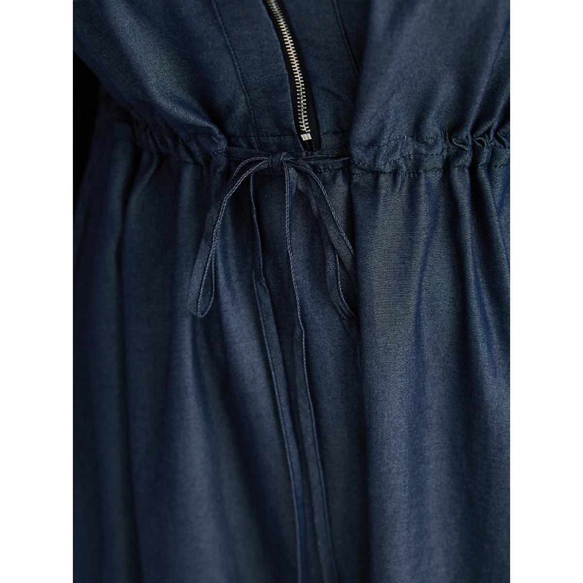 Plus Size Denim Half Zip Drawstring Elastic Waist Dress Indigo Women Casual Plain Notched collar Long Sleeve Curvy Midi Dress BloomChic 14-16/1X Product Image